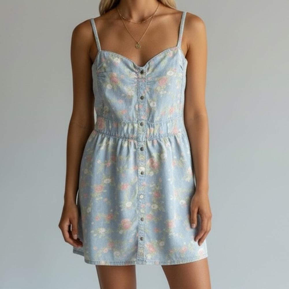 Small 100% Cotton Denim Floral Chambray Button Sundress Coachella Summer Spring